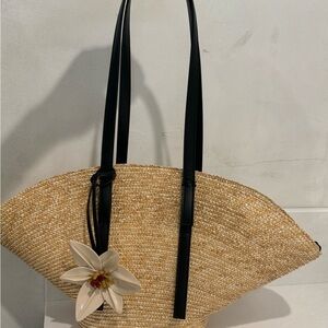 Tan and Black Shoulder Bag with Unique Fan Shape and Woven Texture